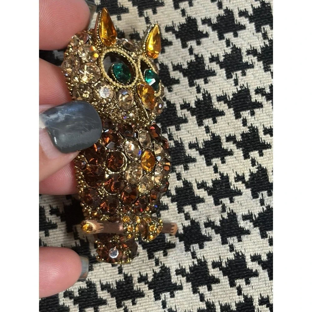 Hoot Owl Brooch Pendant Rhinestone Figural‎ Bling Amber Tone Statement Pin 2.5🦉